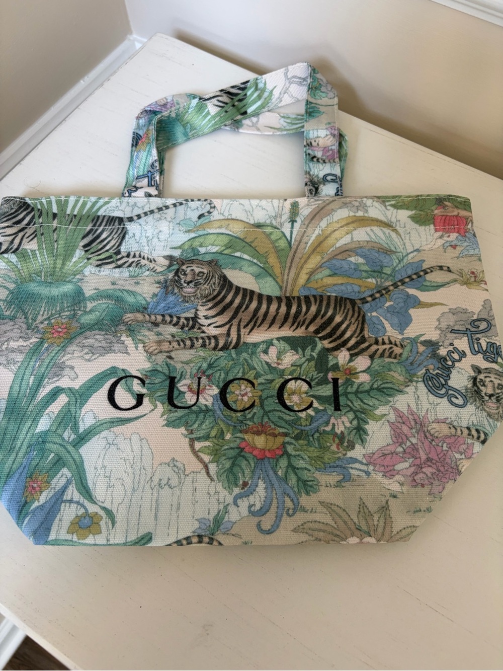 Gucci Canvas Lunch Tote with Pastel Green, Pink and Blue Floral Tiger Print
